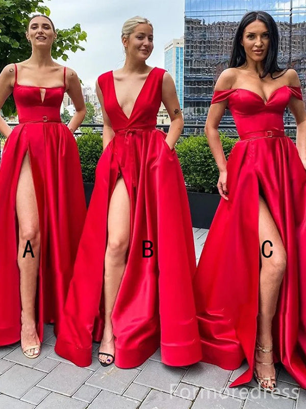 Mismatched Red Split Side Long Bridesmaid Dress,  BD188