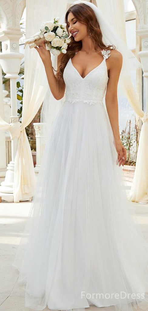 Elegant V-neck Spaghetti Strap A-line Long Wedding Dress, WD176