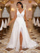 Elegant V-neck Split Side A-line Long Wedding Dress, WD179