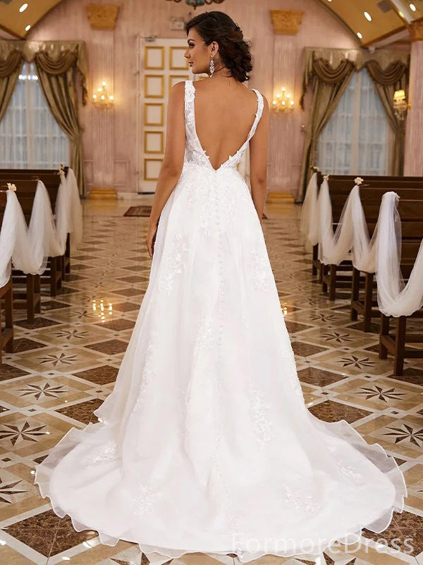 Elegant V-neck Split Side A-line Long Wedding Dress, WD179