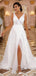 Elegant V-neck Split Side A-line Long Wedding Dress, WD179