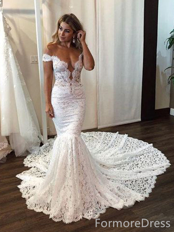 Sexy Deep V-neck Off-Shoulder Mermaid Long Wedding Dress, WD184