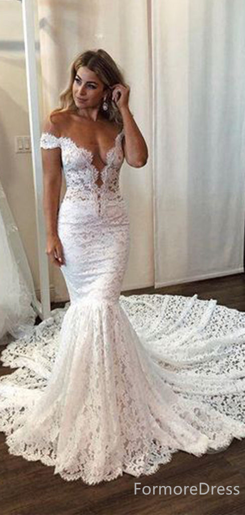 Sexy Deep V-neck Off-Shoulder Mermaid Long Wedding Dress, WD184