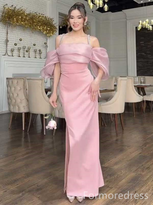 Simple Pink Spaghetti Strap Off-Shoulder Split Side Mermaid Long Prom Dress,Evening Dress,PD170