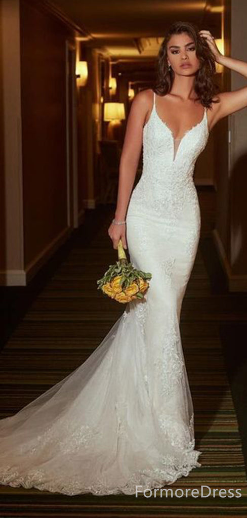 Sexy V-neck Spaghetti Strap Mermaid Long Wedding Dress, WD185