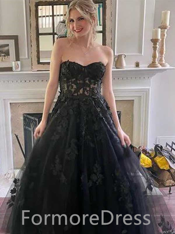 Elegant Black Sweatheart Strapless A-line Long Wedding Dress,  WD10