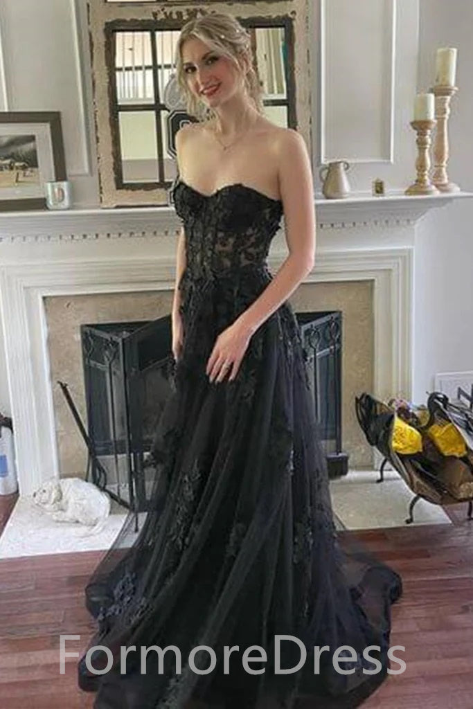 Elegant Black Sweatheart Strapless A-line Long Wedding Dress,  WD10