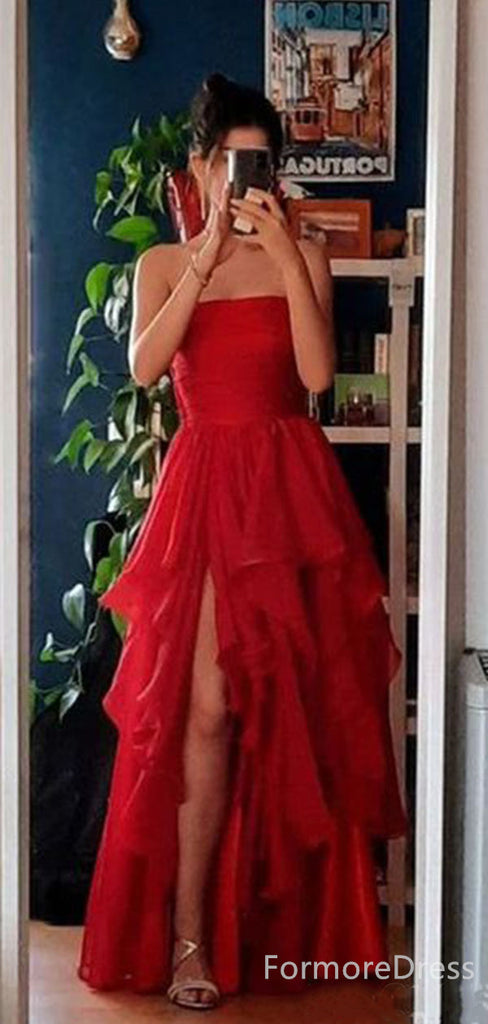 Simple Red Strapless Split Side A-line Prom Dress,Evening Dress,PD194