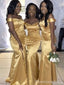 Elegant Gold V-neck Off-Shoulder Mermaid Long Bridesmaid Dress,BD206