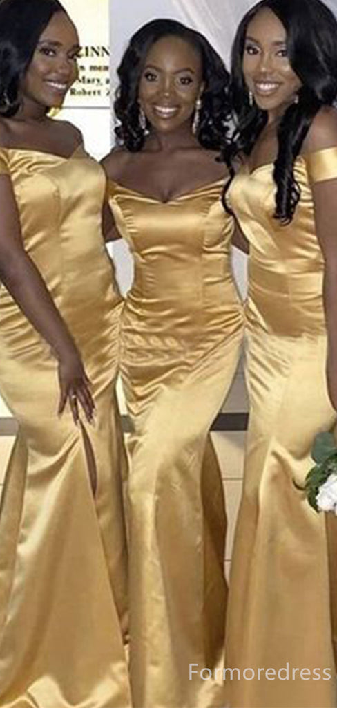 Elegant Gold V-neck Off-Shoulder Mermaid Long Bridesmaid Dress,BD206