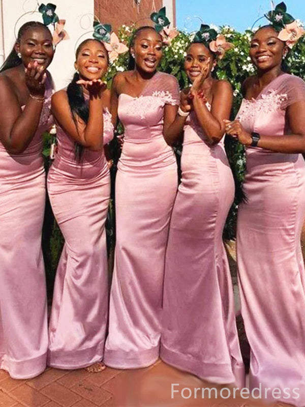 Elegant Pink One Shoulder Mermaid Long Bridesmaid Dress,BD213