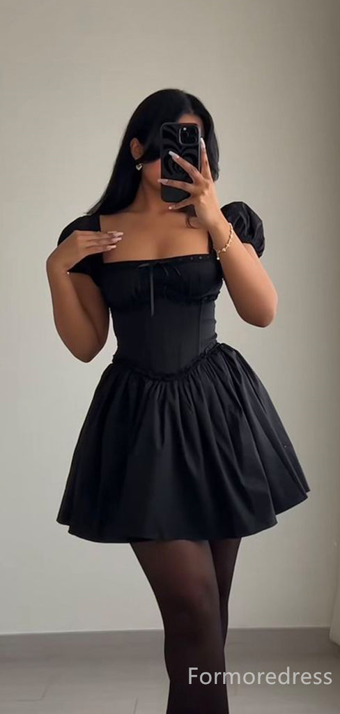 Elegant Black A-line Short Mini Long Homecoming Dress,  HD149