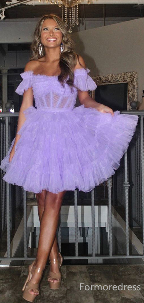 Elegant Off-Shoulder Lace A-line Short Mini Long Homecoming Dress,  HD150