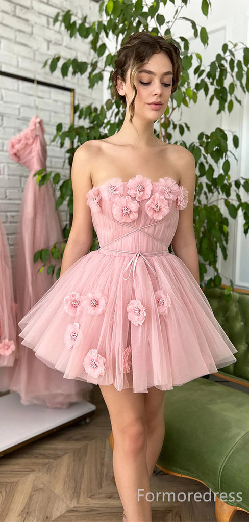 Sweat Pink Strapless A-line Short Mini Long Homecoming Dress,  HD119