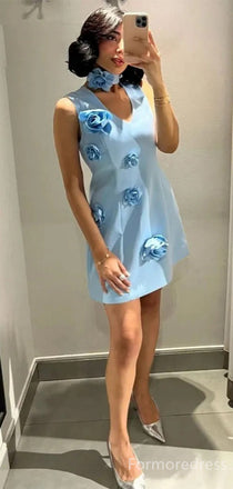 Elegant Blue V-neck A-line Short Mini Long Homecoming Dress,  HD123