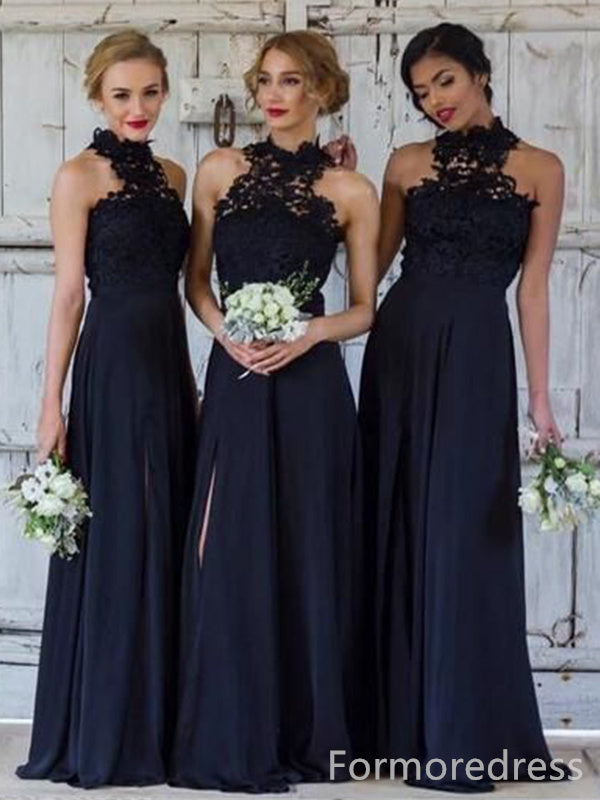 Elegant Halter Lace Sleeveless A-line Long Bridesmaid Dress,BD224