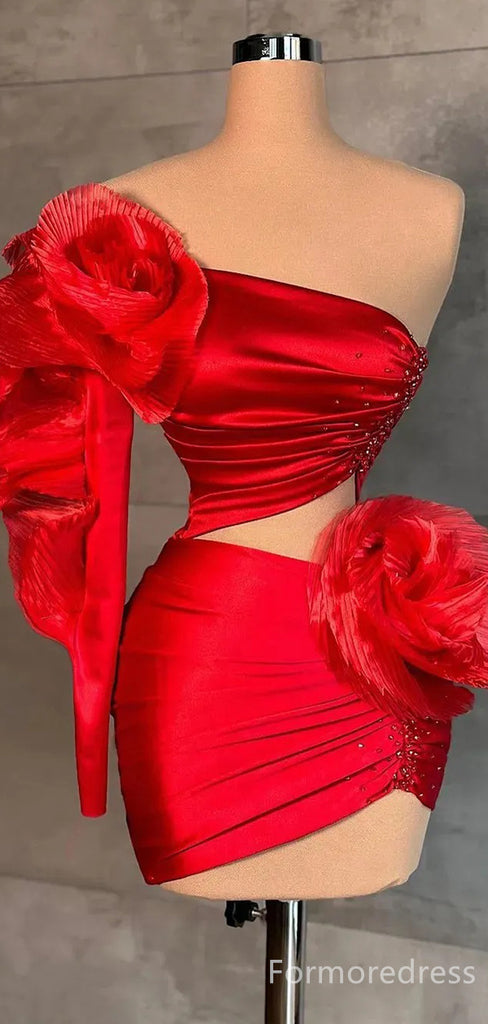 Sexy Red One Shoulder A-line Short Mini Long Homecoming Dress,  HD131