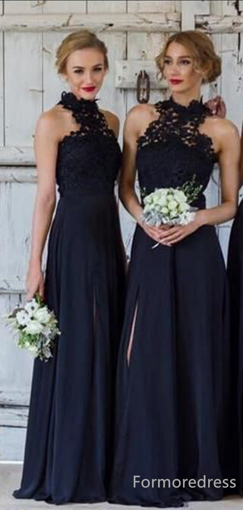 Elegant Halter Lace Sleeveless A-line Long Bridesmaid Dress,BD224