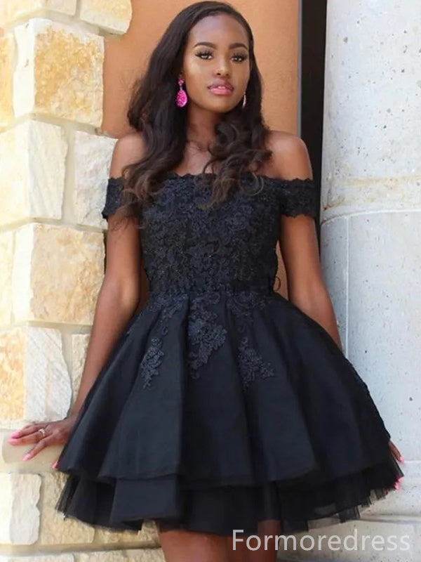 Elegant Black Off-Shoulder A-line Short Mini Long Homecoming Dress,  HD133