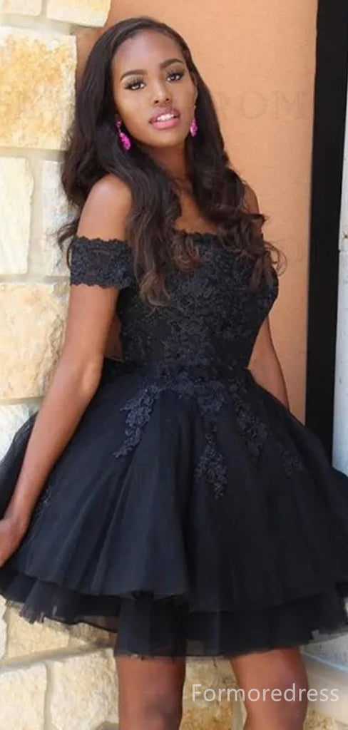 Elegant Black Off-Shoulder A-line Short Mini Long Homecoming Dress,  HD133