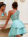 Elegant One Shoulder Lace A-line Short Mini Long Homecoming Dress,  HD134