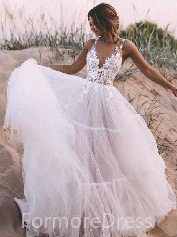 Sexy V-neck Spaghetti Strap  A-line Long Wedding Dress,  WD14