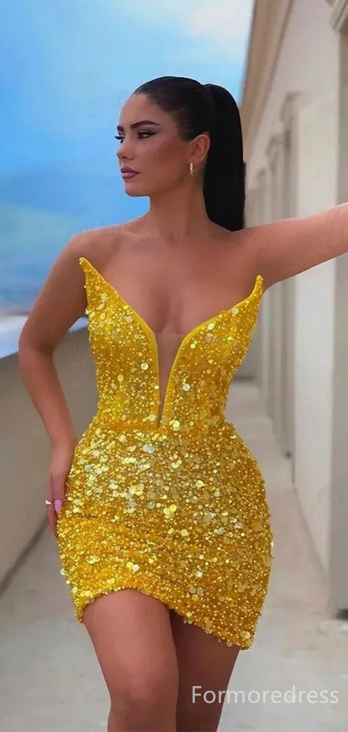 Sexy Sparkly V-neck Sequins Strapless A-line Short Mini Long Homecoming Dress,  HD144