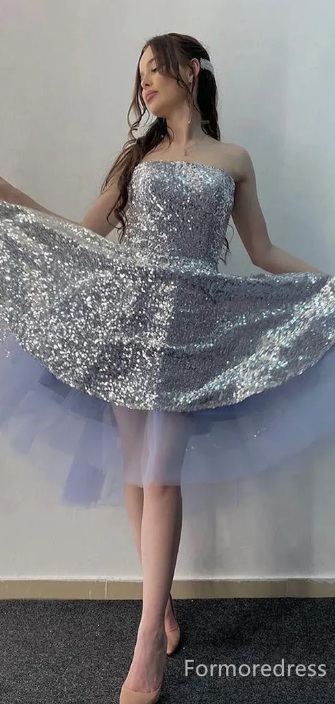 Sparkly Sequins Strapless A-line Short Mini Long Homecoming Dress,  HD145