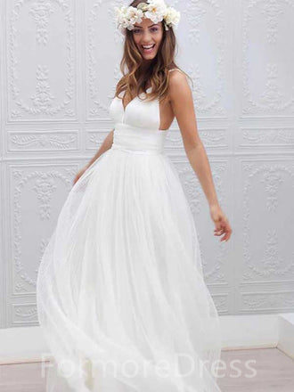 Elegant V-neck Spaghetti Strap A-line Long Wedding Dress,  WD03