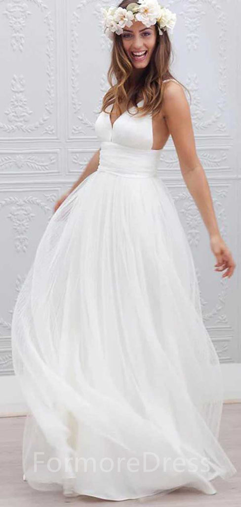 Elegant V-neck Spaghetti Strap A-line Long Wedding Dress,  WD03