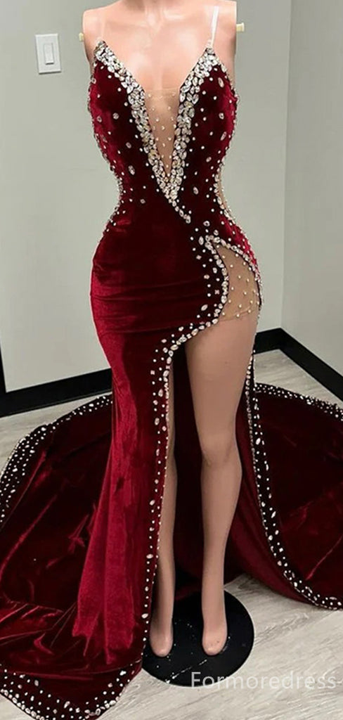 Sexy V-neck Spaghetti Strap Split Side Mermaid Long Prom Dress,Evening Dress,PD240
