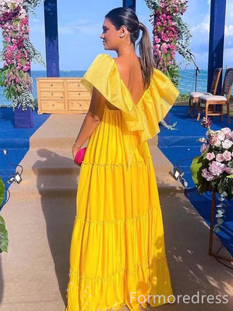 Elegant V-neck Ruffles A-line Long Prom Dress,Evening Dress,PD243