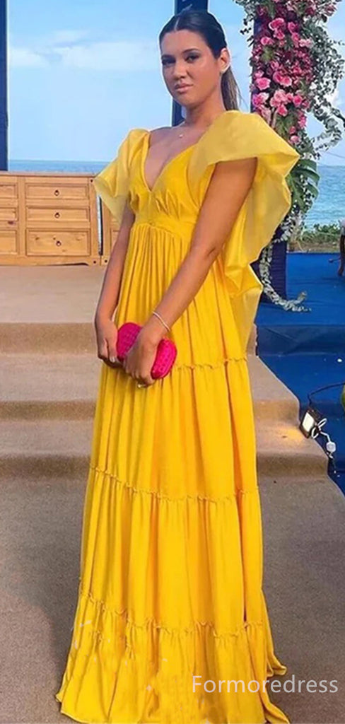 Elegant V-neck Ruffles A-line Long Prom Dress,Evening Dress,PD243