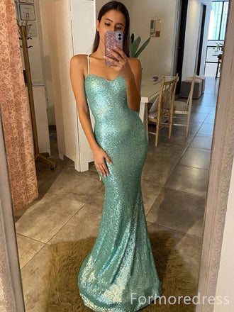 Sparkly Sequins Spaghetti Strap Mermaid Long Prom Dress,Evening Dress,PD251
