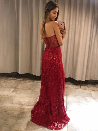 Sexy Red Strapless Split Side Mermaid Long Prom Dress,Evening Dress,PD252