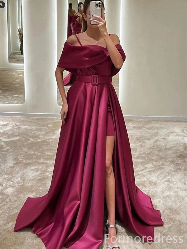 Elegant Off-Shoulder Spaghetti Strap Split Side A-line Long Prom Dress,Evening Dress,PD256