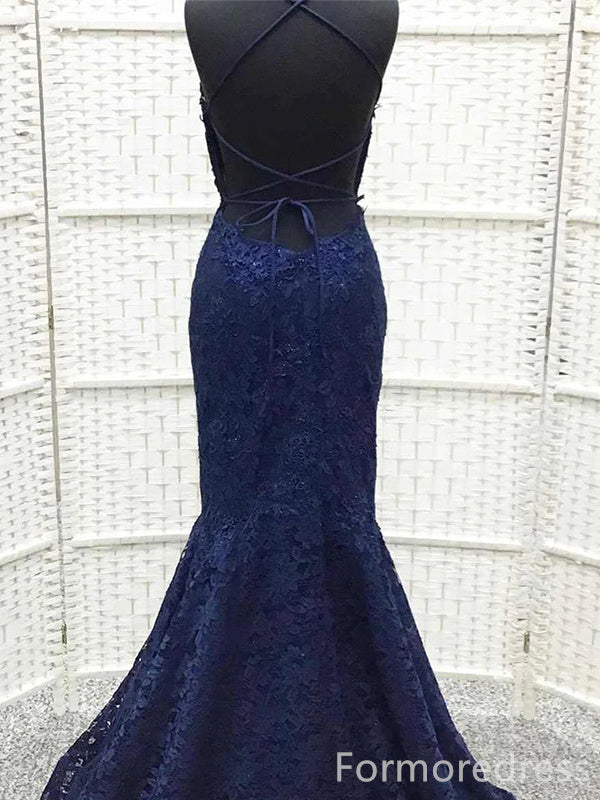 Elegant Spaghetti Strap Mermaid Lace Appliques Long Prom Dress,Evening Dress,PD262