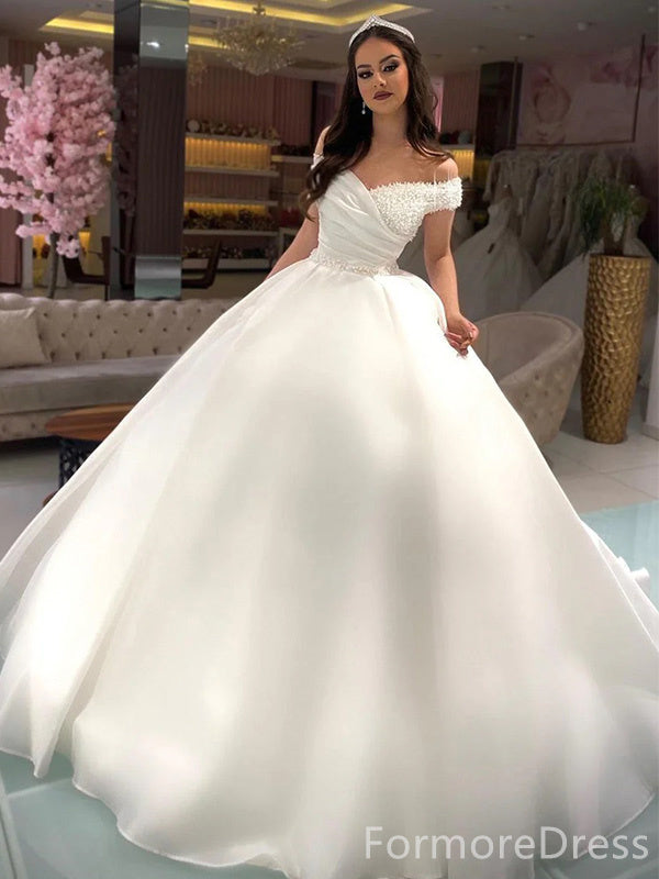 Elegant V-neck Off-Shoulder A-line Long Wedding Dress, WD191