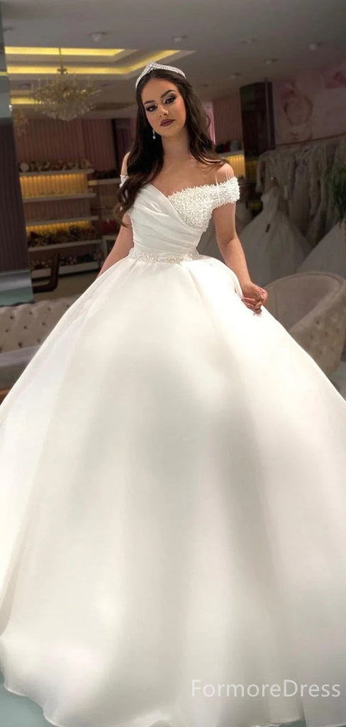 Elegant V-neck Off-Shoulder A-line Long Wedding Dress, WD191