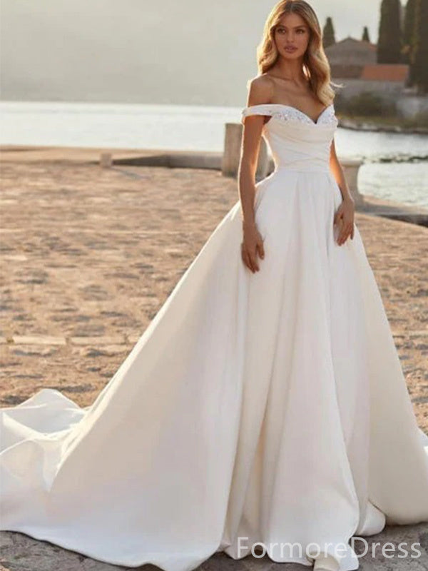 Elegant V-neck Off-Shoulder A-line Long Wedding Dress, WD197