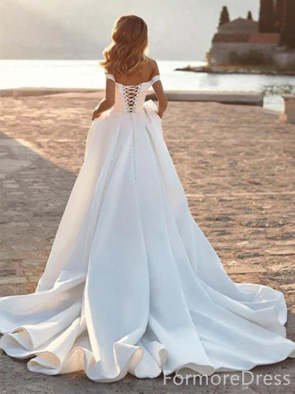 Elegant V-neck Off-Shoulder A-line Long Wedding Dress, WD197