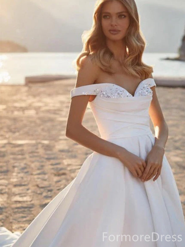 Elegant V-neck Off-Shoulder A-line Long Wedding Dress, WD197