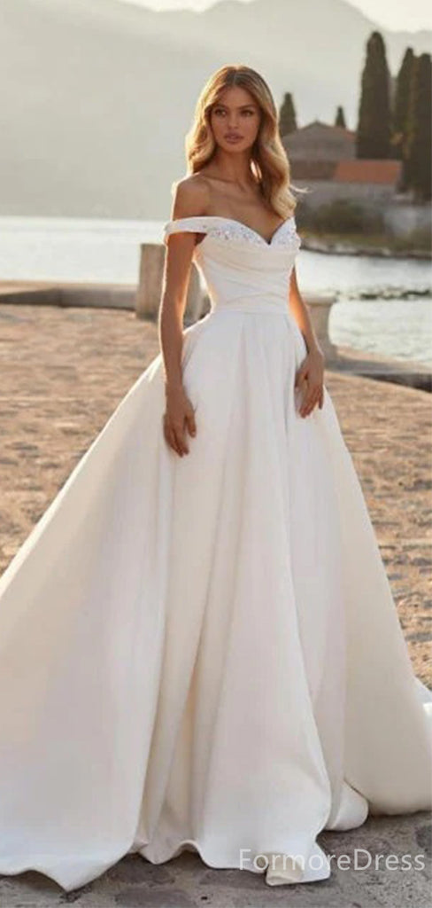 Elegant V-neck Off-Shoulder A-line Long Wedding Dress, WD197