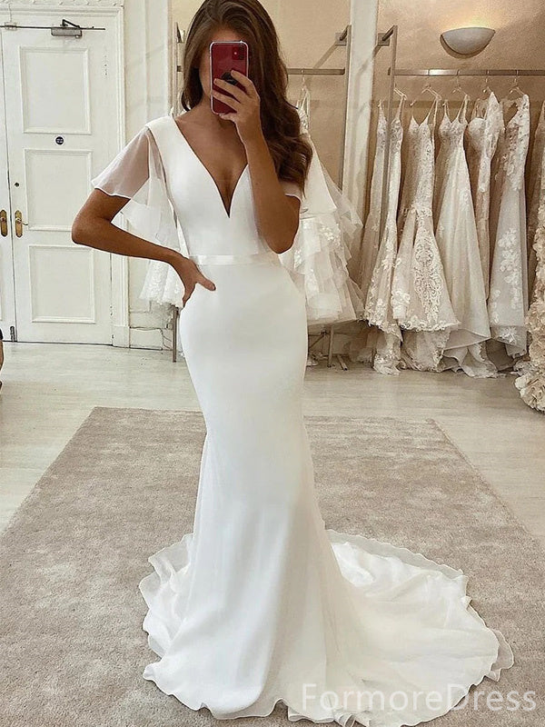 Simple V-neck Mermaid Long Wedding Dress, WD202