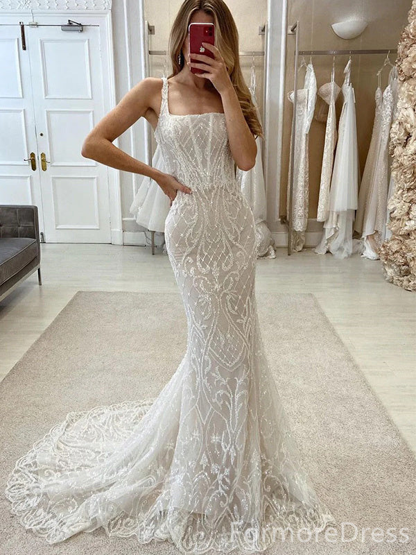 Elegant Square Lace Mermaid Long Wedding Dress, WD205