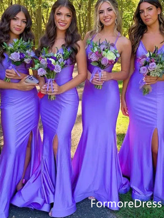 Sexy Spaghetti Strap Mermaid Split Side Long Bridesmaid Dress,  BD28