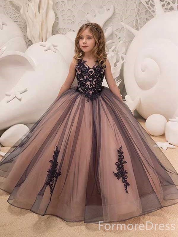 Elegant Black Lace Appliques A-line  Flower Girl Dress,  FGD31