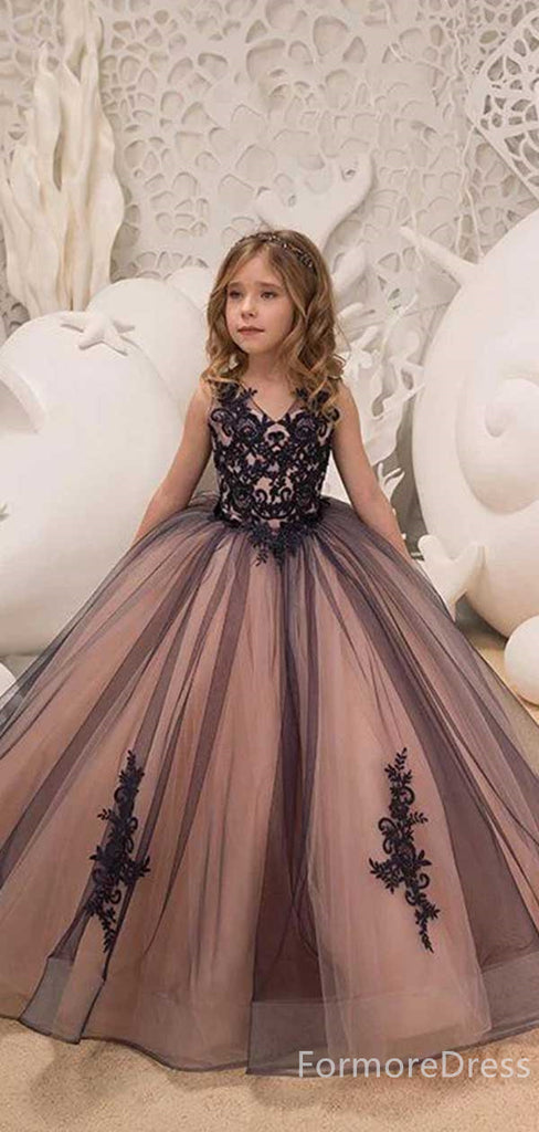 Elegant Black Lace Appliques A-line  Flower Girl Dress,  FGD31