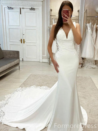 Elegant V-neck Lace Appliques Mermaid Long Wedding Dress, WD210