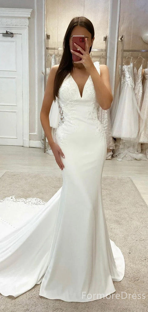 Elegant V-neck Lace Appliques Mermaid Long Wedding Dress, WD210